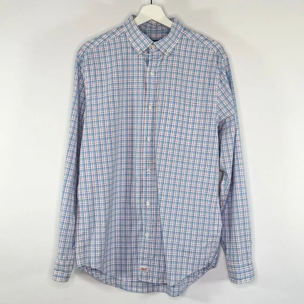Vineyard Vines Men’s Pink Blue Plaid Classic Fit Murray Shirt Button Down - US M